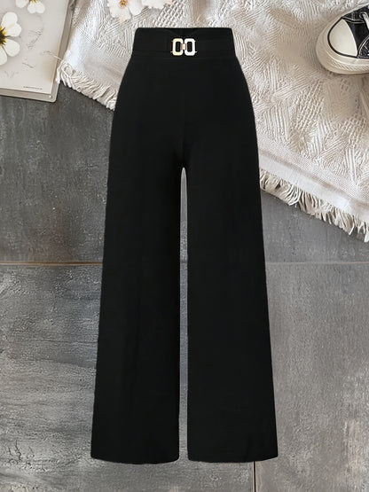 Elegant Wide-Leg Stretch Pants for Women - Solid Color, All Season