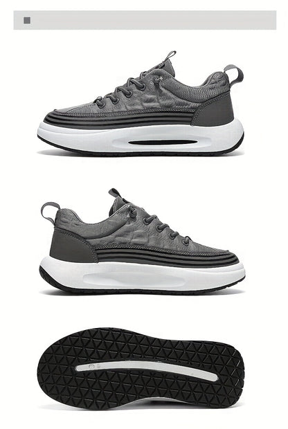 Men's Breathable Casual Sneakers - 2025 Spring New Design, Low-Top Elastic Lace-Up, Grey  White PU Upper with Cushioned EVA Insole  Durable PVC Sole for All-Season Outdoor Running, Gym, Daily Wear, Gym Shoes, Sleek Sporty D
