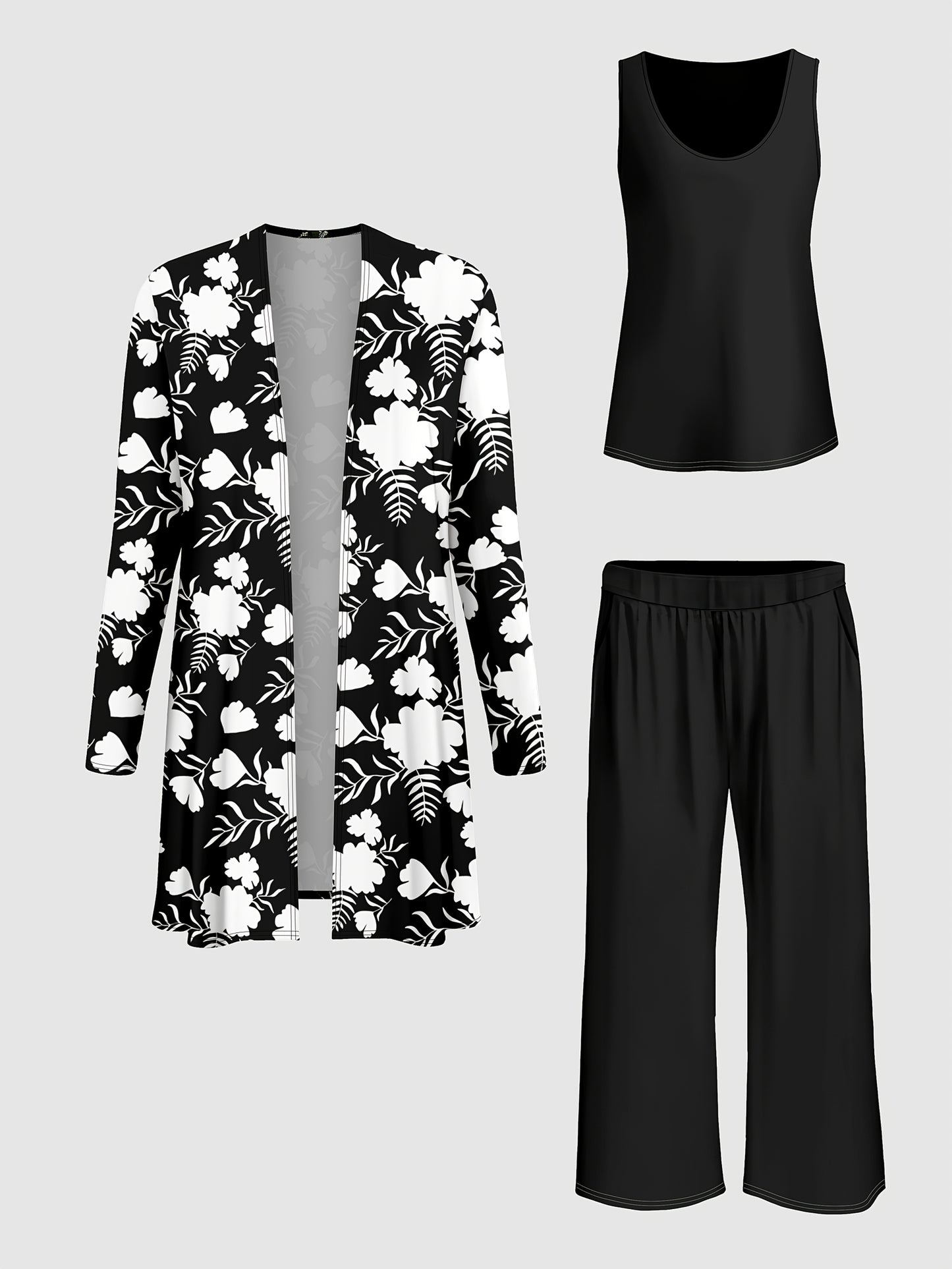 Plus Size, A three-piece set of Women's plus-size elegant floral print top and solid-color vest pants