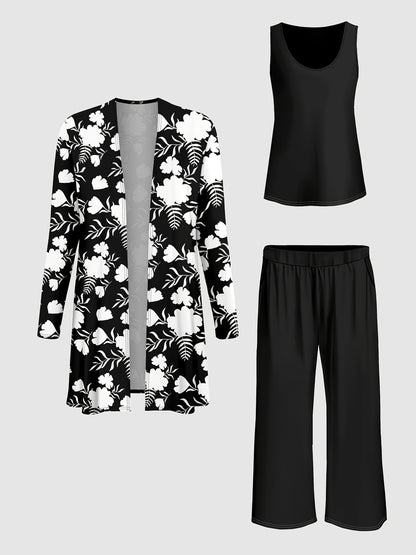 Plus Size, A three-piece set of Women's plus-size elegant floral print top and solid-color vest pants