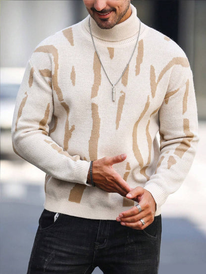 Men's Zebra Stripe Knit Sweater - High Neck Winter Pullover with Zebra Stripes, Warm Casual Sweaters for Weather, Hand Washable Fall/Winter Wardrobe Essential (Regular Fit) - ayq