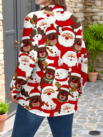 Plus Size, Women's Plus Size Winter Deer & Moose Print Blouse - Long Sleeve Christmas Party Shirt with Collar & Button Front, Red & Black Nordic Winter Pattern, Machine Washable Elegant Casual Holiday Outfits for Christmas &