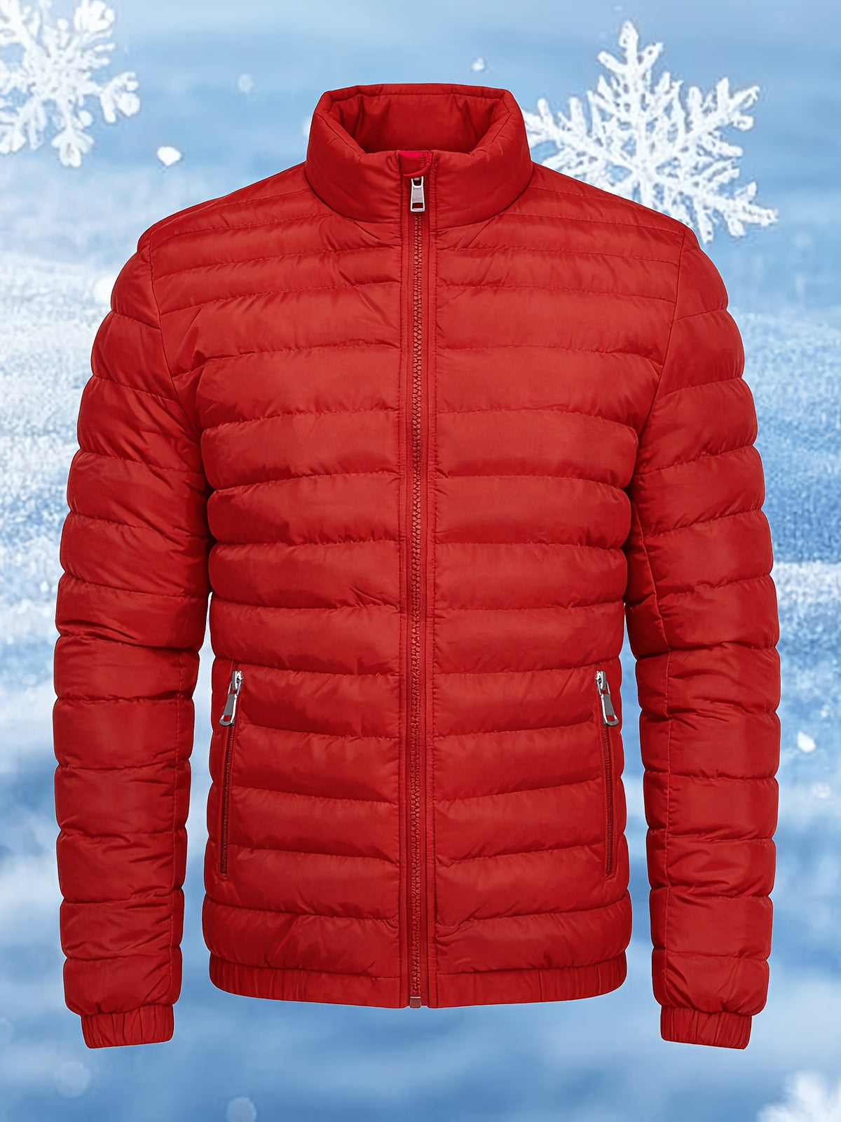 Men's Stand Collar Winter Jacket with Zipper and Fiber Filling