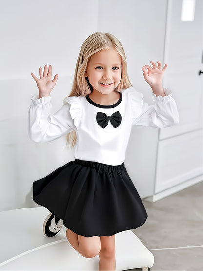 Girls' Cute Long Sleeve Top & Black Skirt Set with Bow Detail