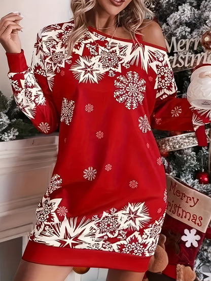 Women's Christmas Party Dress - One-Shoulder/Asymmetrical Neckline, Red and White Holiday Outfit, Slim Fit for Christmas Eve, New Year's Eve, Winter Events - Elegant Christmas Apparel, Christmas Dress, Holiday Wear, Off-Shoul