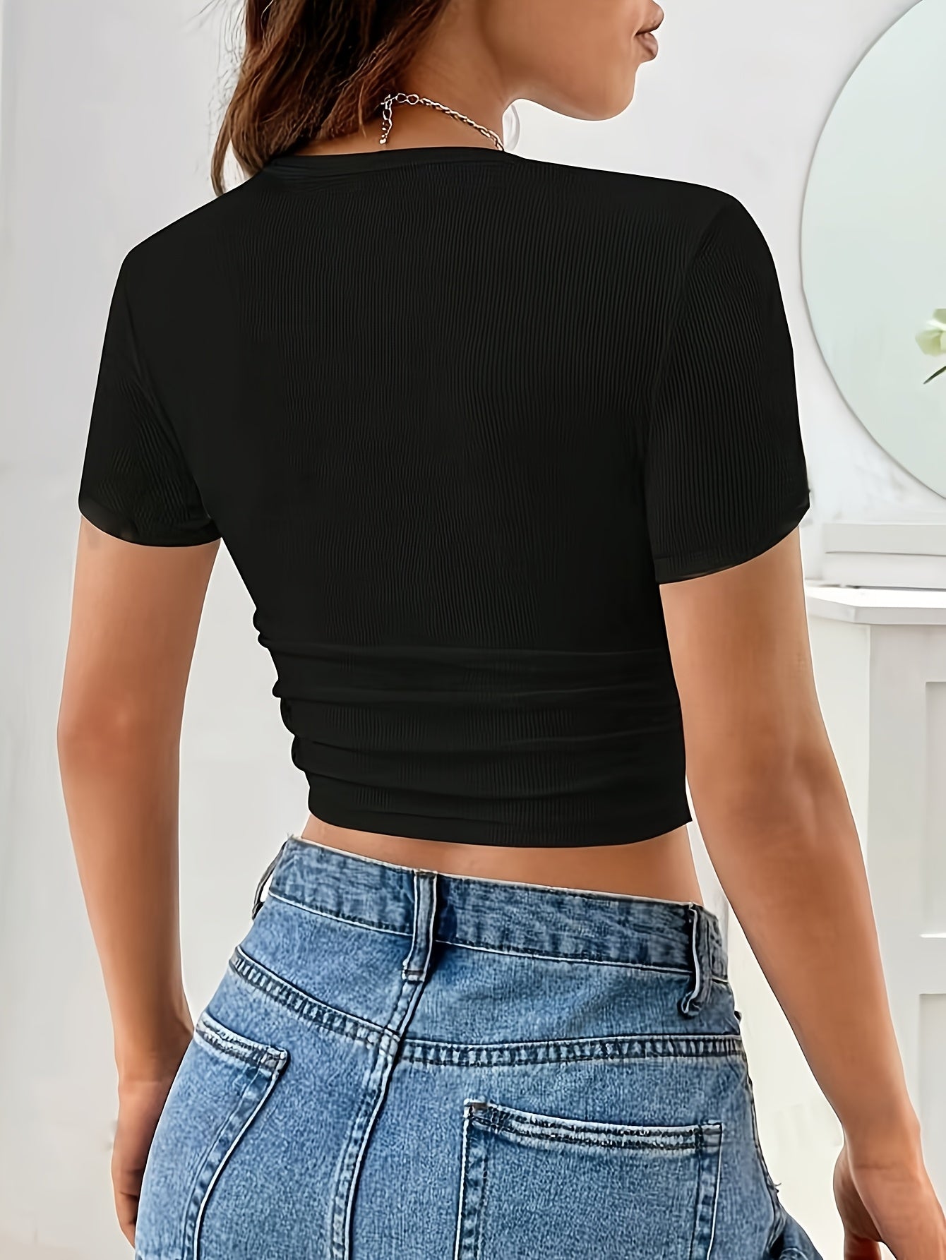 OKde Women'S Summer Crop Top T-Shirt - Elegant Crew Neck, High-Stretch Slim Fit, Solid Color, Short Sleeve Fashion Blouse for Casual or Stylish Outfit