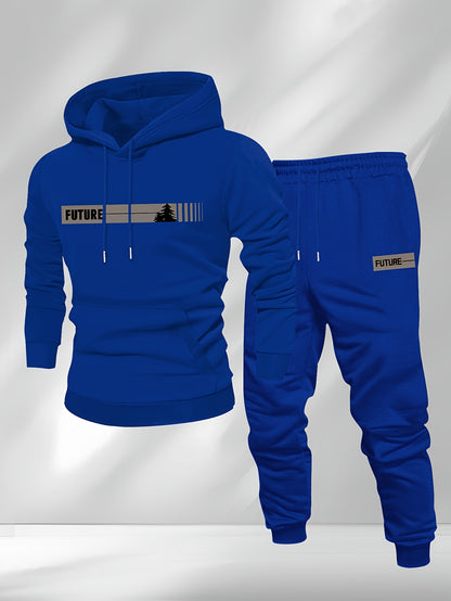 New Autumn and Winter Men's Fleece-Lined Hooded Sweatshirt Set with Print, Long-Sleeve Hoodie and Drawstring Pants for Couples