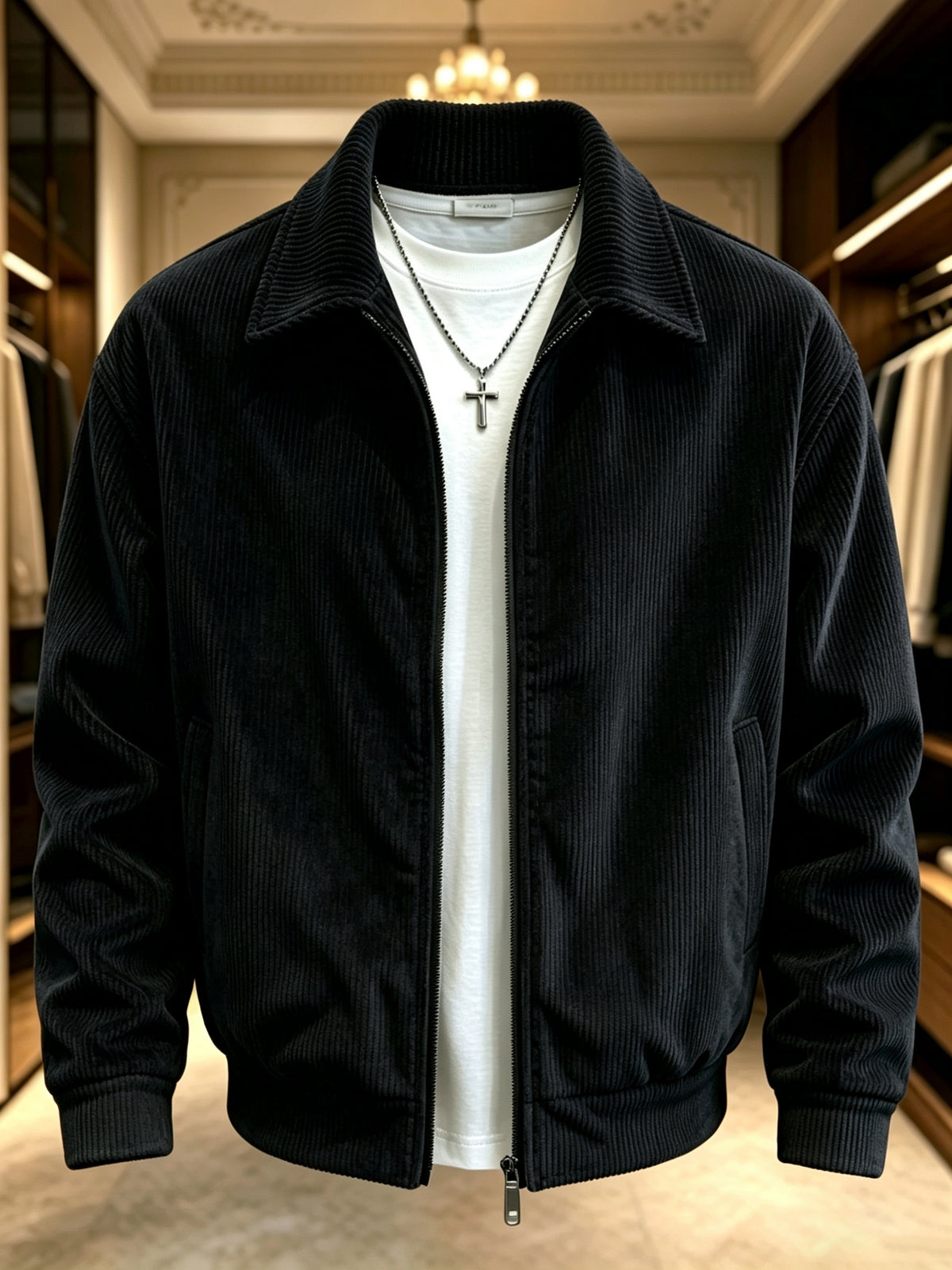 Men's Lightweight Fall Jacket with Lapel Collar and Zipper