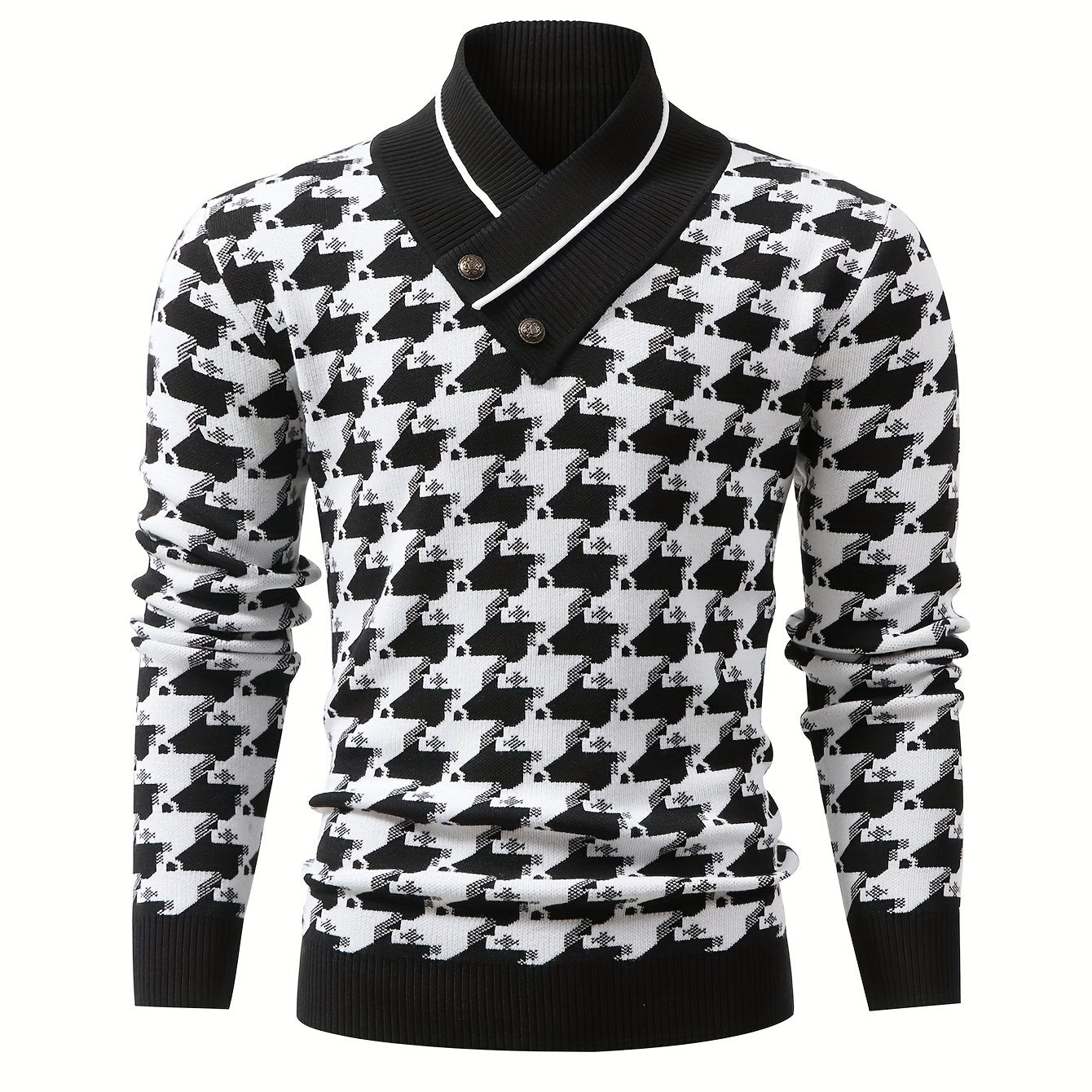 Temujin OBM Men's Fashion New Houndstooth Jacquard Knit Long Sleeve Pullover Sweater