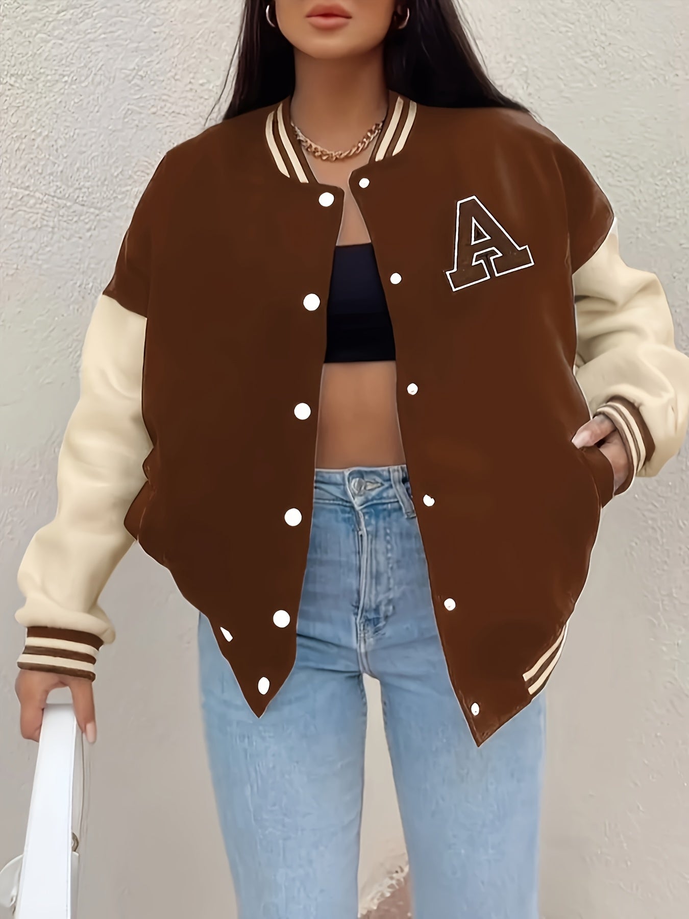 Women'S Casual Long Sleeve Baseball Jacket with "A" Letter Detail - Black & Beige Two-Tone Design, Button-Up Front, Flap Pockets, Fall/Winter Fashion Outerwear, Autumn Winter Apparel | Buttonup Jacket | Functional Pockets