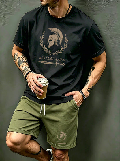 Men's Summer Short Sleeve T-Shirt and Shorts Set with Spartan Helmet P