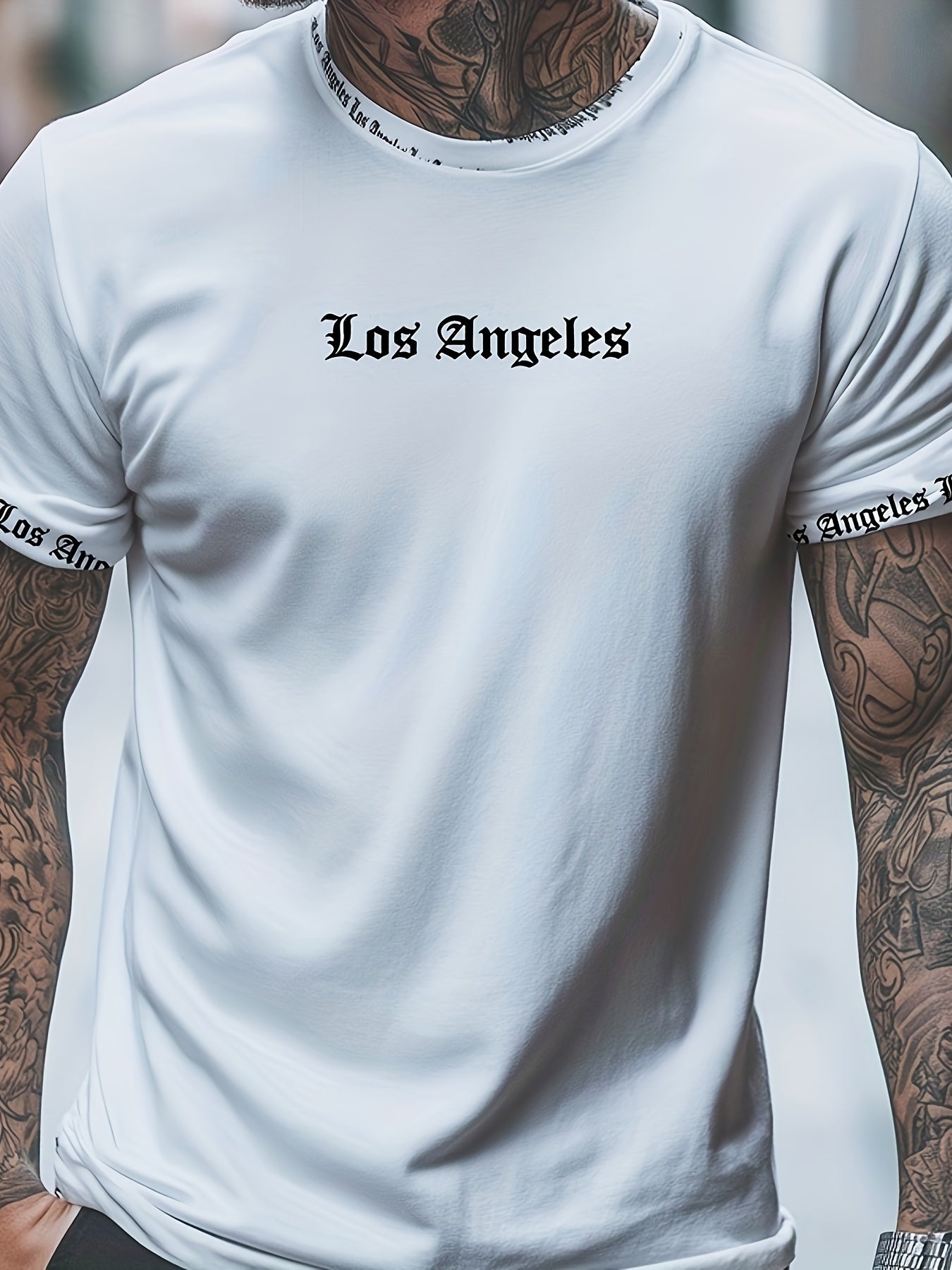 OBM Men's Casual Los Angeles Graphic Print T-Shirt - 100% Polyester Summer Short Sleeve Tee, Breathable Round Neck Regular Fit Machine Washable, Everyday Comfort, Bold Text Style, Smooth Texture