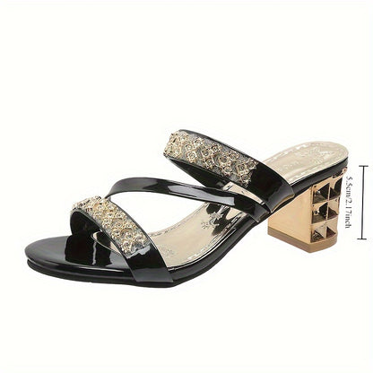 Shiny Golden Silvery Women's Sandals Summer 2024 Crystal High Heels Party Shoes Woman Comfortable Thick Heel Slides Sandalias Mujer