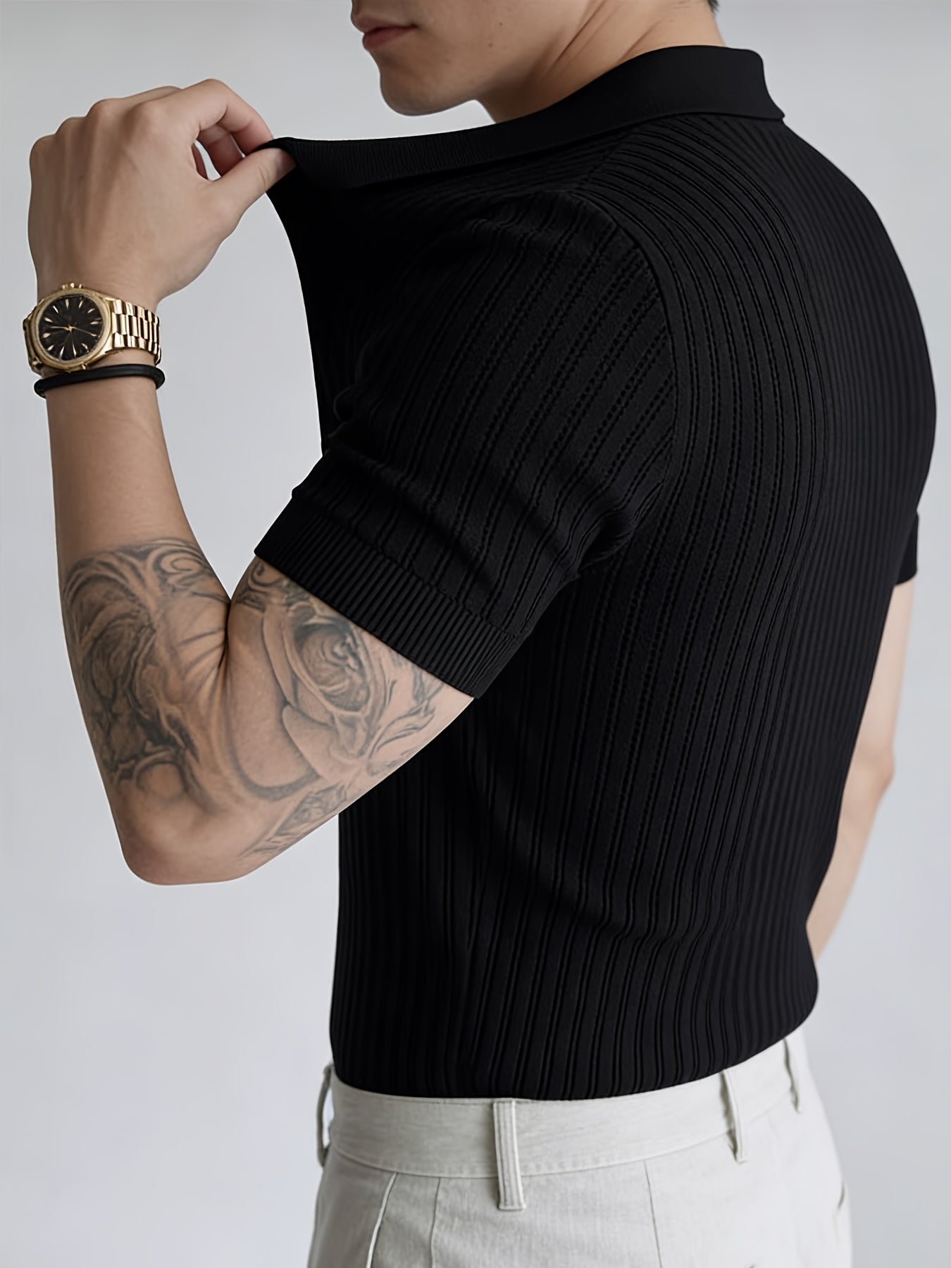 Men'S Summer Knitted Polo Shirt | Breathable Striped Design, Casual Lapel Collar, Short Sleeves, Three-Button Closure, Slim Fit, Ideal For Business Casual And Travel - ayq