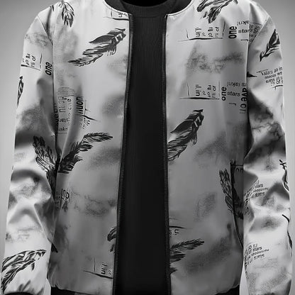 Men'S Lightweight Preppy Bomber Jacket with Feather & Star Print, Stand Collar, Zip-Up, Loose Fit, Polyester Lining, Casual Streetwear Style, Casual Outerwear | Star Pattern Jacket | Zippered Jacket