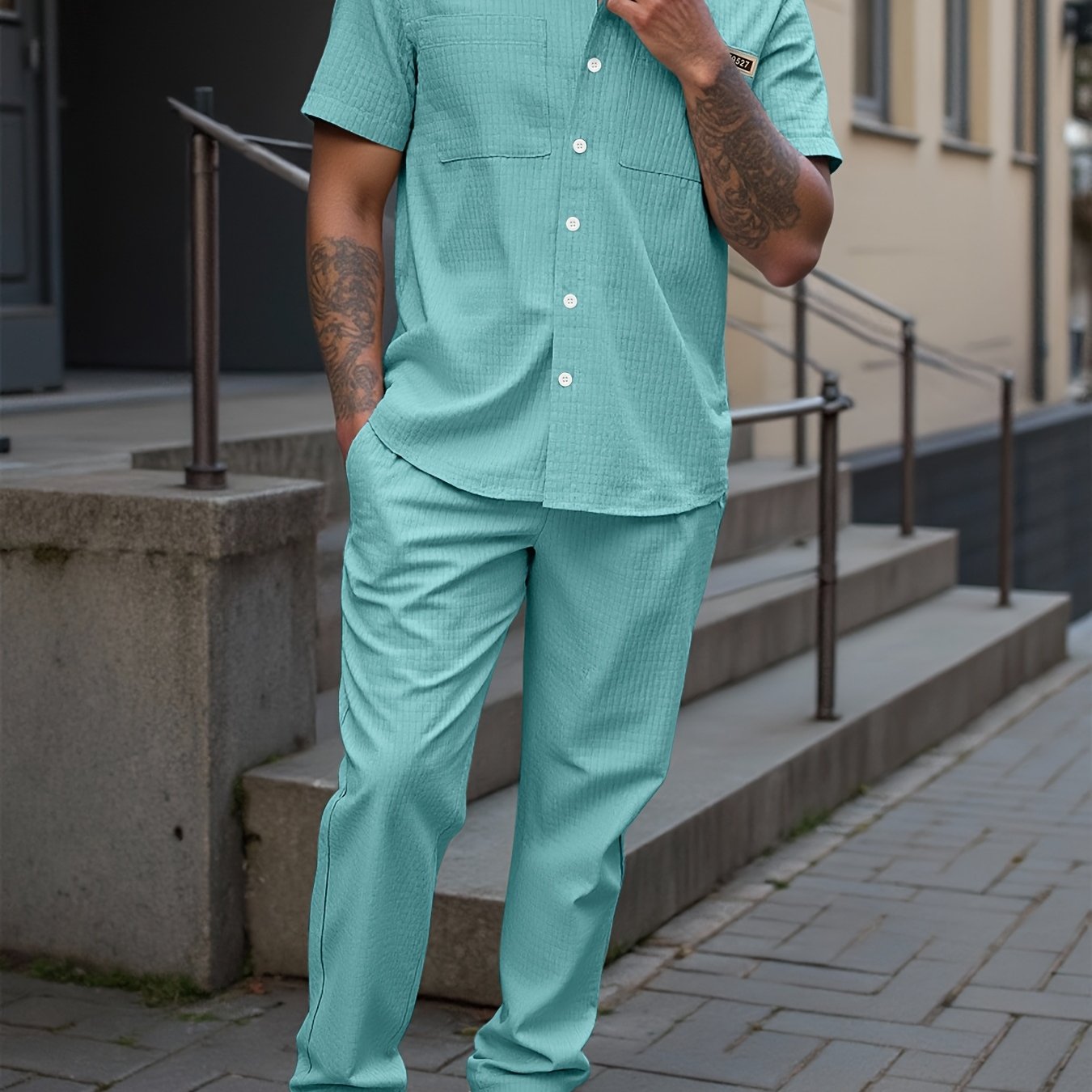 Summer Men'S Casual Bread Pattern Texture Short Sleeve Long Pants Shirt Set, 100% Polyester, Double Pocket Shirt, Turnover Woven Top Can Be Machine Washed and Dry Cleaned