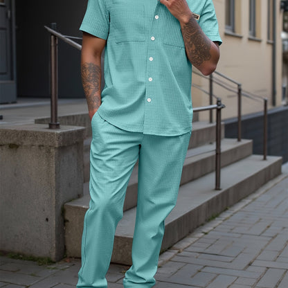 Summer Men'S Casual Bread Pattern Texture Short Sleeve Long Pants Shirt Set, 100% Polyester, Double Pocket Shirt, Turnover Woven Top Can Be Machine Washed and Dry Cleaned