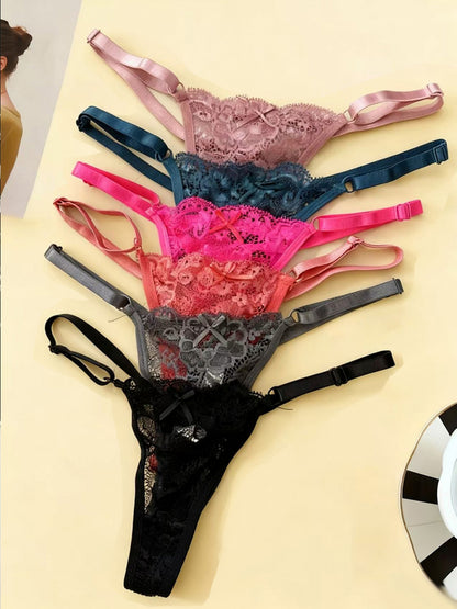 6-Pack Women's Lace Bowknot Thong Panties with Adjustable Waistband