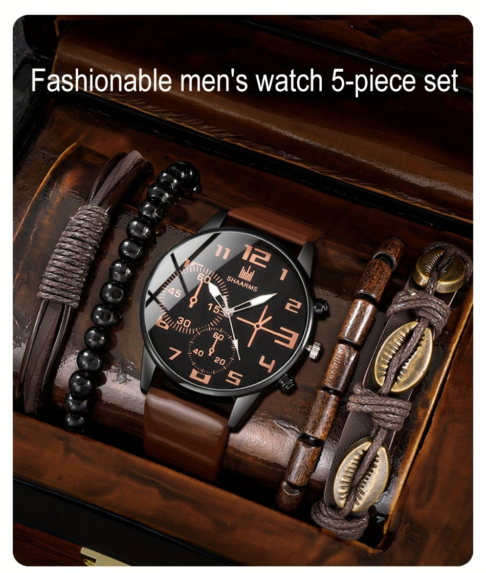 5pcs Men's Fashion Quartz Watch and Bracelet Set