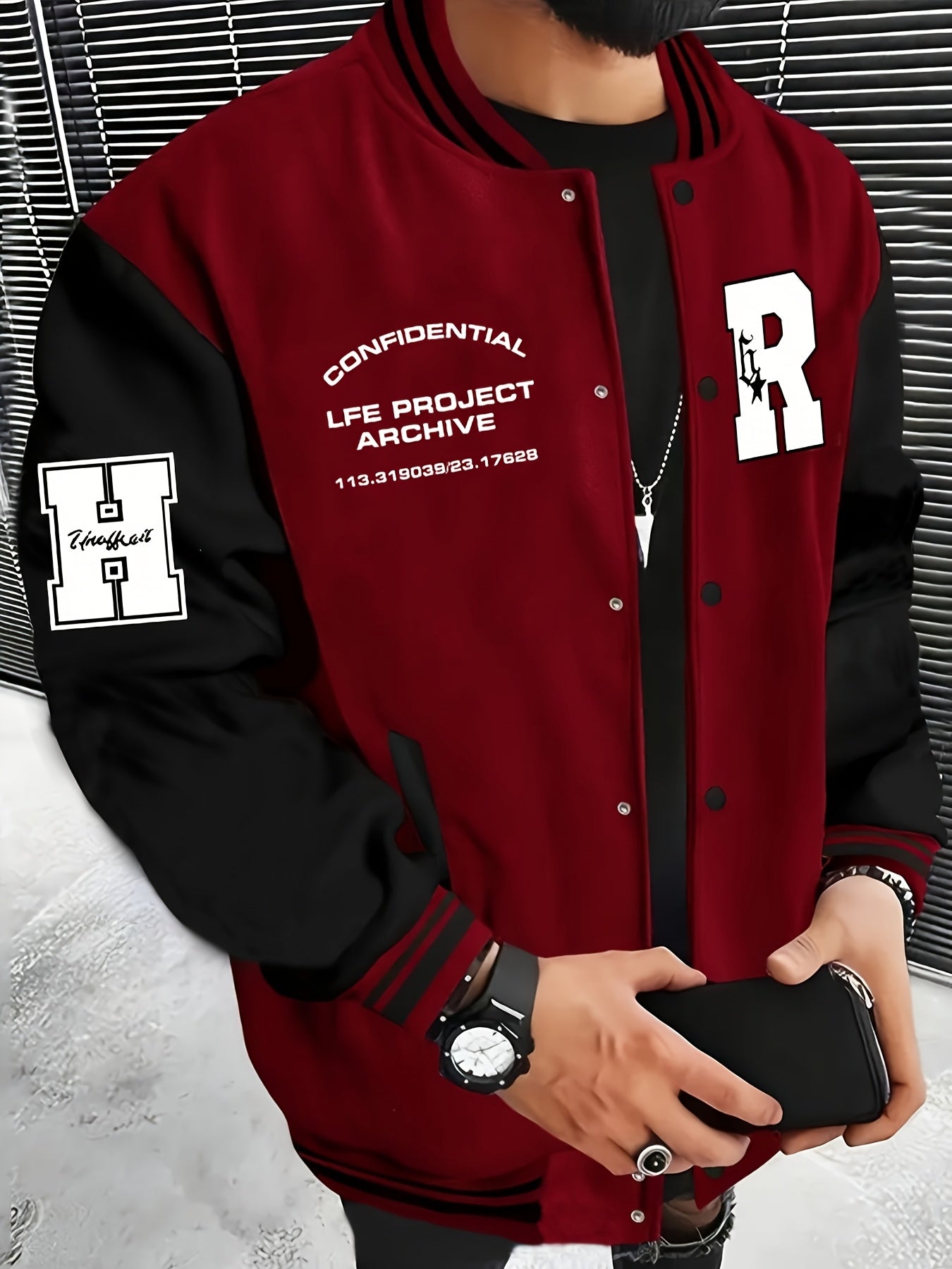 Men's Fashionable R-Letter Patchwork Casual Street Style Baseball Jacket - Polyester, Maroon & Black with White Stripes, Button Closure, with Pockets
