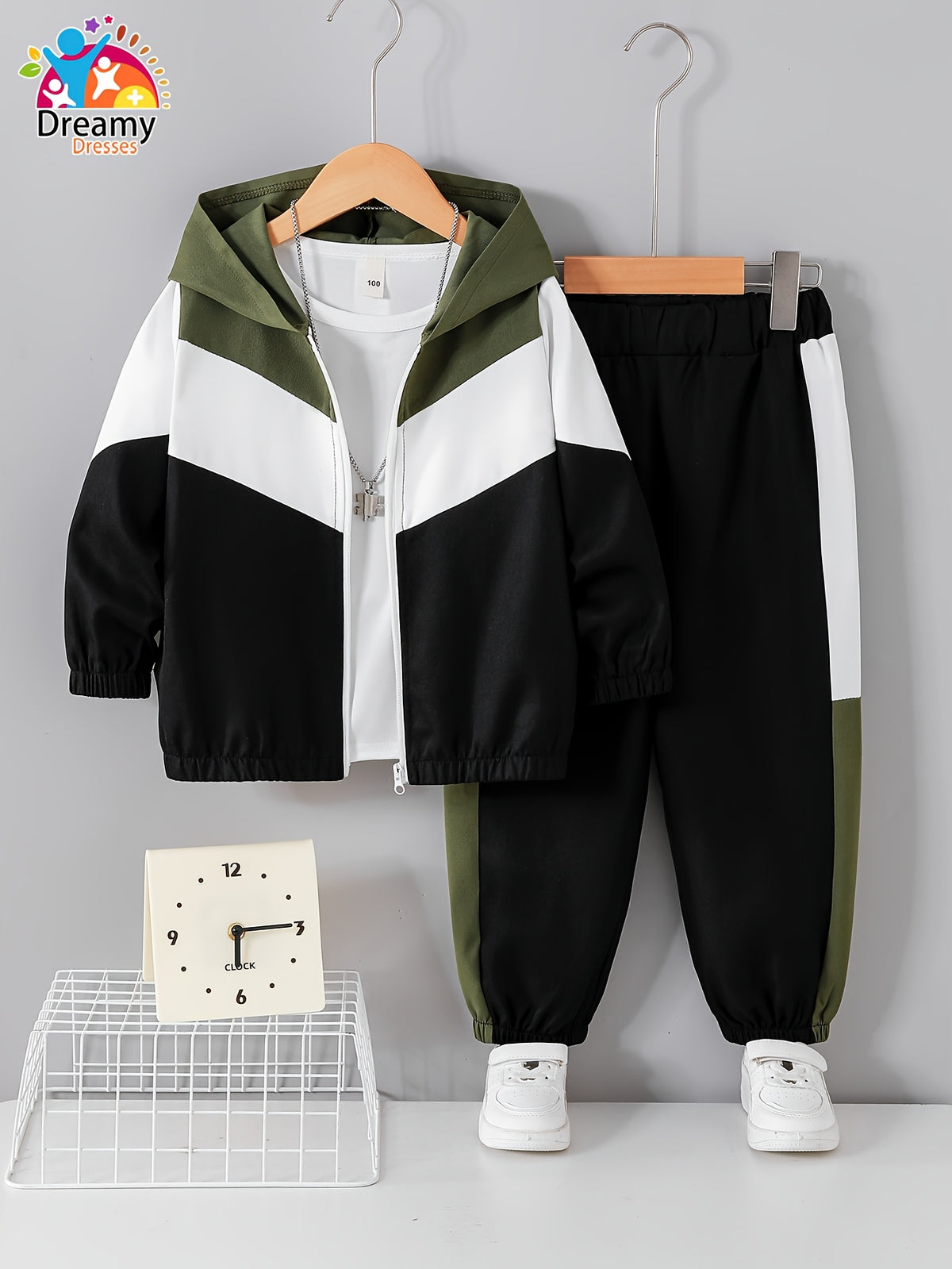 Boys' Casual Color-Block Hooded Jacket and Pants Set - ayq