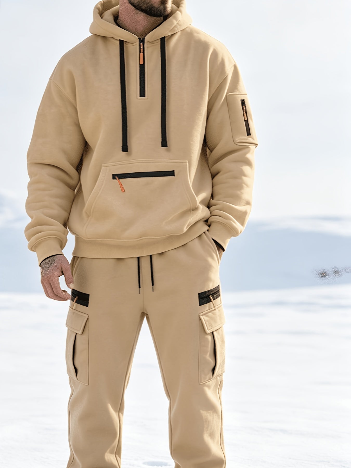 Men's Casual Hooded Tracksuit Set with Zipper Pockets