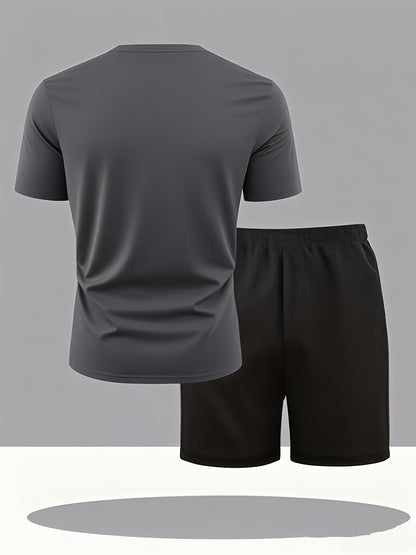 Summer Men'S Casual Sports Short Sleeve T-Shirt and Shorts Set, Comfortable Breathable, Suitable for Outdoor Jogging Running Fitness, Diesel Letter Print Design - 2pcs Set
