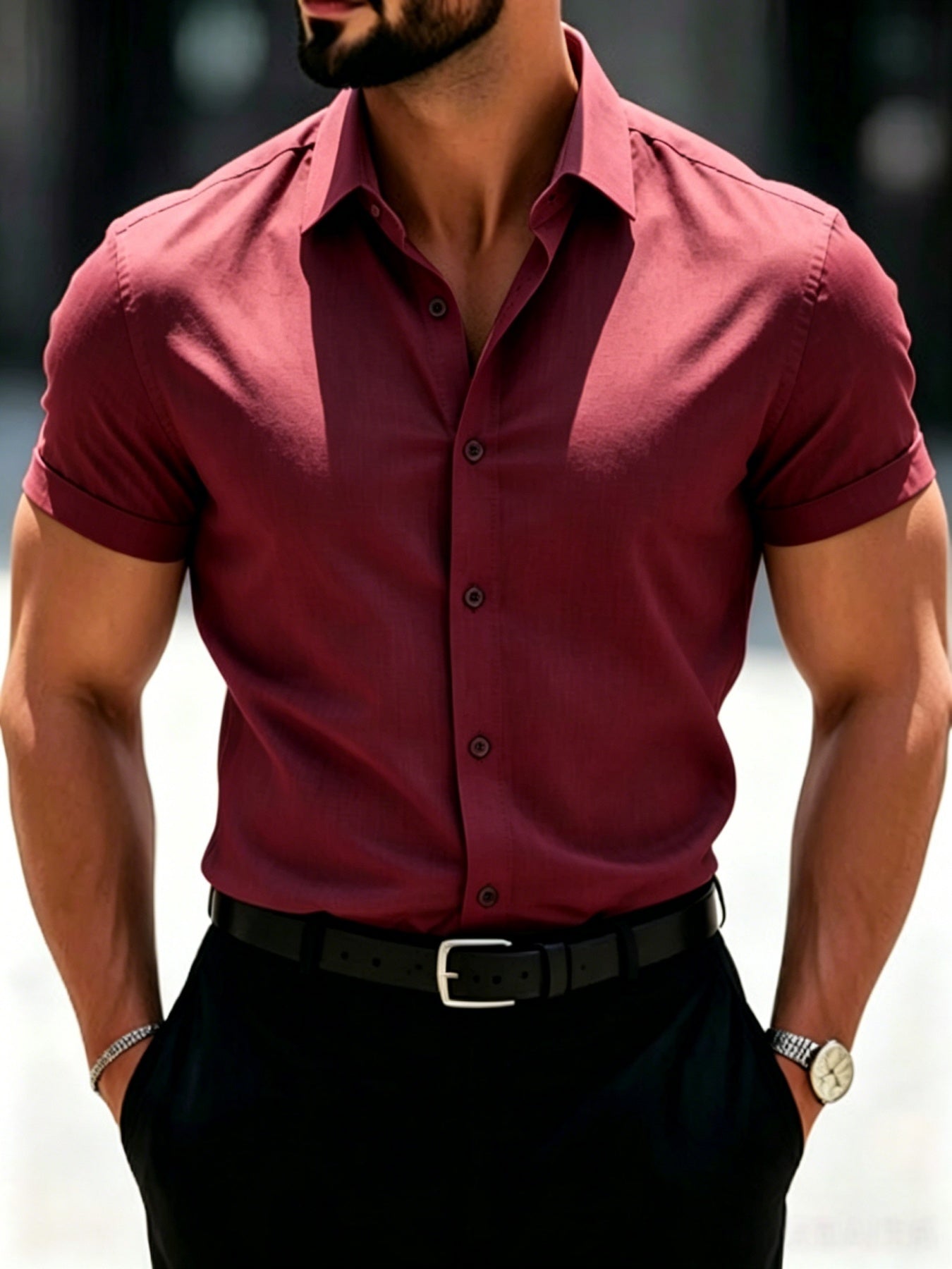 Men's Stretch Solid Color Short Sleeve Shirt for Summer