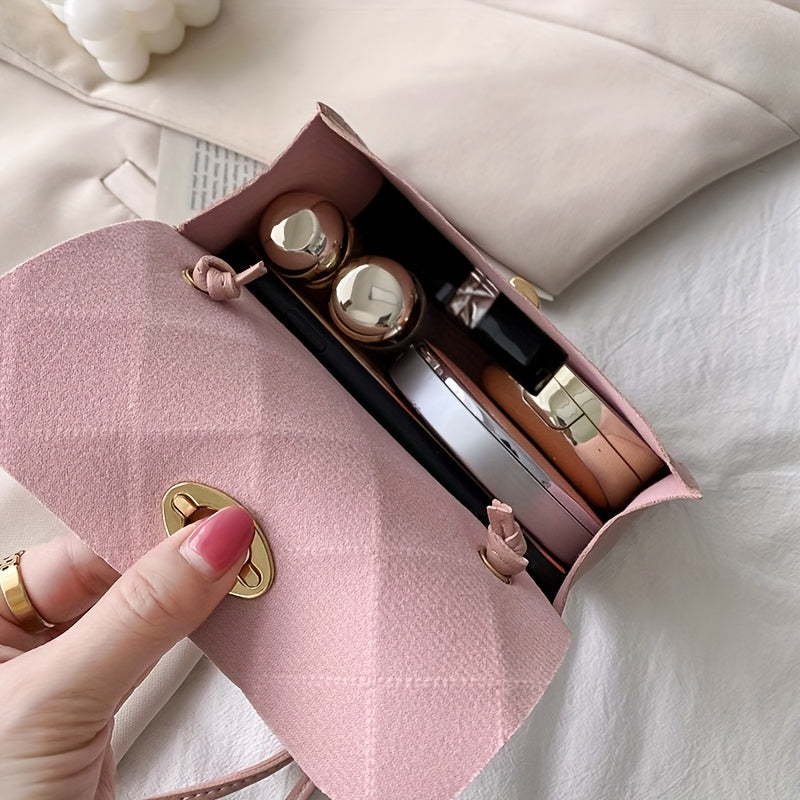 Women'S Stylish Crossbody Bag - a Chic Solid Color Shoulder Bag Featuring a Twist Lock Closure Design, Adjustable Strap with Golden Accents, Available in Patterns, And Comes in Black, Red, Pink, Brown