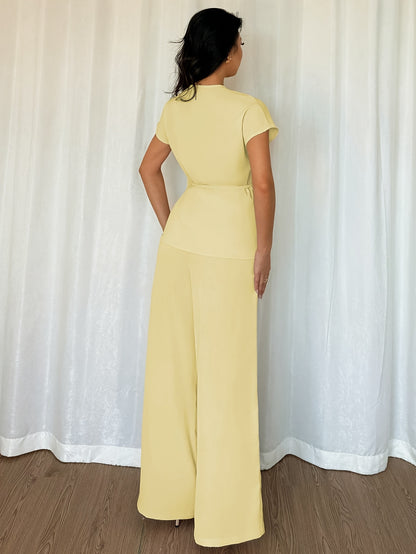 Stylish Women's Elegant Comfortable Solid Color Top and Loose Wide-Leg Pants Two-Piece Set, Suitable for Outings, Dates, Vacation