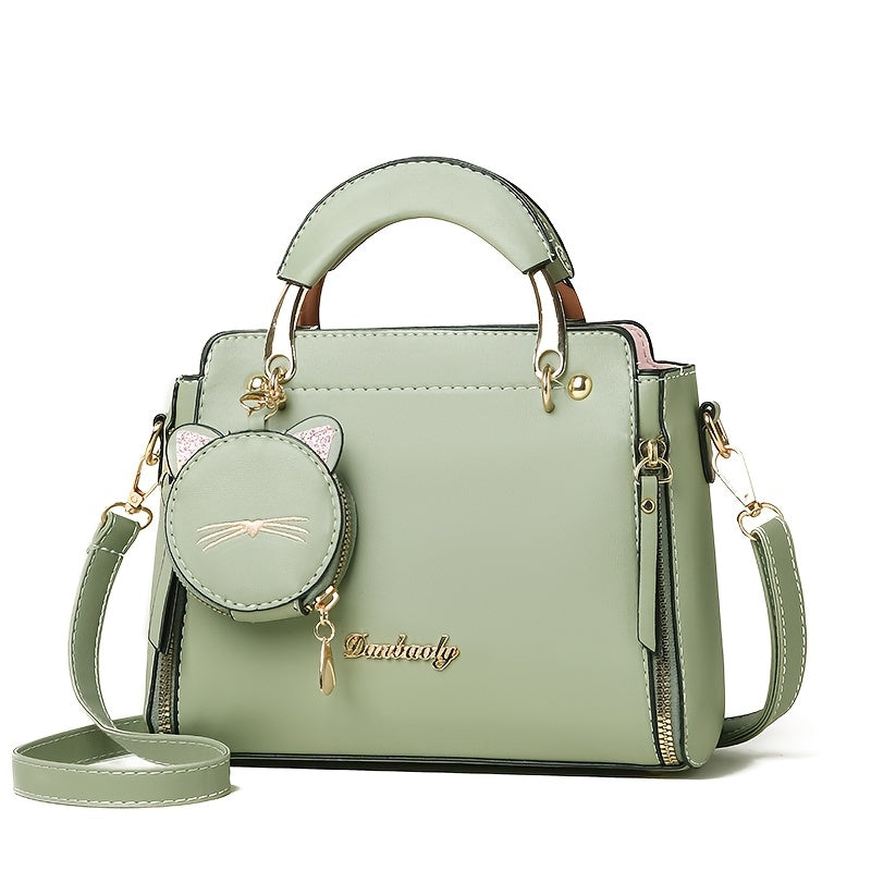 Visually Appealing Light Green Handbag with Adjustable Strap & Cat Charm – Versatile Shoulder Bag for Travel, Shopping, and Gifting, Travel Handbag | Minimalist Design | Polyester Lining, Crossbody Purse