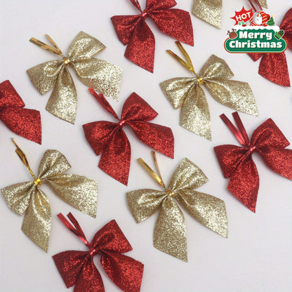 60pcs Elegant Red & Golden Glitter Mini Bows with Golden Ribbon - Durable Polyester Christmas Tree Decorations, Wreaths, Gift Wrapping, Crafts - Shiny Glossy Bows with Sharp Tip for DIY, Party Decorations, Holiday Ornaments (