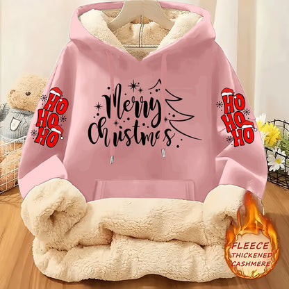 Women's Fleece-Lined Hooded Christmas Sweatshirt with Ho Ho Ho & Merry Christmas Print, Plush Fleece Jacket, Warm Winter Coat, Thick Polyester Outer Layer, Machine Washable Holiday Sweater for Xmas Parties & Winter Outfits, W