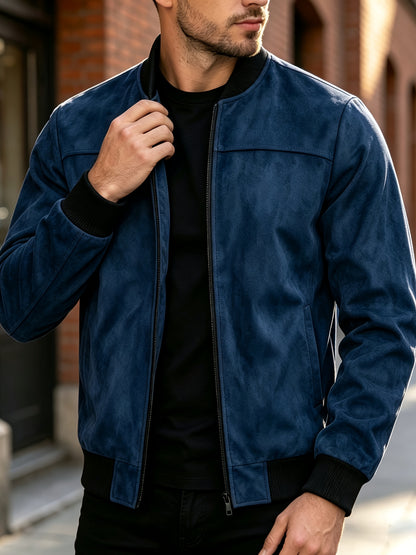Men's Casual Full-Zip Bomber Jacket with Ribbed Cuffs for Fall/Winter