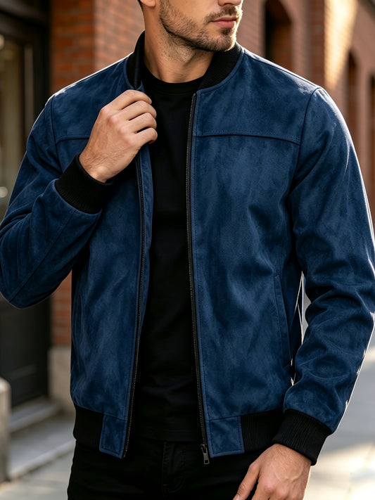 Men's Casual Full-Zip Bomber Jacket with Ribbed Cuffs for Fall/Winter