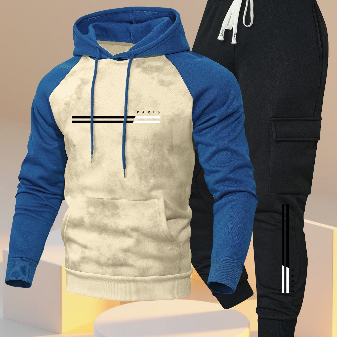 A New Trendy Color-Blocked Hoodie with Raglan Sleeves And Loose-Fitting Cargo Pants Featuring Multiple Pockets, Perfect for Casual Everyday Wear. This Breathable Hoodie And Loose Long Pants Set Comes in a Two-Piece Print Desi