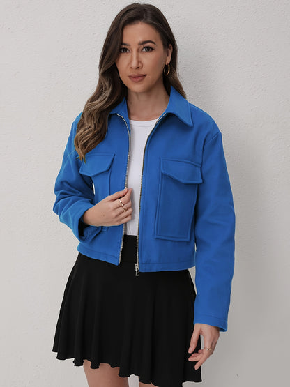 Women'S Solid Color Long Sleeve Zip-Up Jacket - Black, Casual Fall/Winter Outerwear with Pockets, Button-Up Front, and Flap Pockets, Casual Outerwear | Buttonup Jacket | Zippered Jacket, Winter Coat Women, Coat Women Winter,