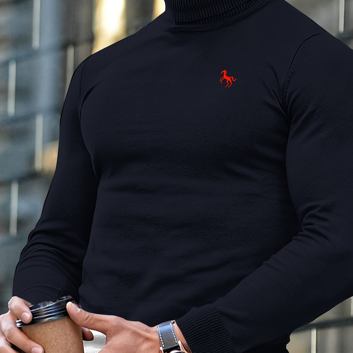 Men'S High-Neck Knitted Sweater | Slim Fit Pullover with Embroidered Spurs Design, Soft and Comfortable, Rayon Fabric, Fall/Winter Collection