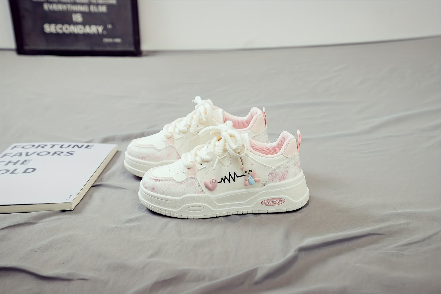 Women's White Mid-Top Sneakers with Bear  Heart Stripes Design - PU Cover  Upper, Thick Cushioned PVC Sole - Trendy Casual Shoes for All-Season Comfort