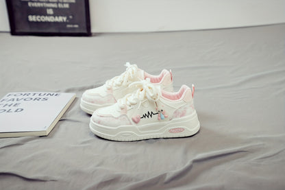 Women's White Mid-Top Sneakers with Bear  Heart Stripes Design - PU Cover  Upper, Thick Cushioned PVC Sole - Trendy Casual Shoes for All-Season Comfort