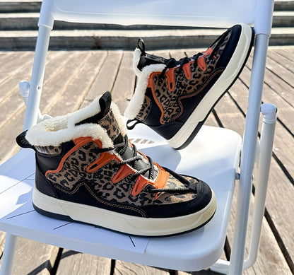 Women'S Stylish Leopard Print Winter Sneakers - Warm Fleece-Lined Casual Shoes with Thick Cushioned PVC Sole, Black & Orange Design, Perfect for Fall/Winter, Winter Sneakers | Leopard Print Shoes | Durable PVC Sole