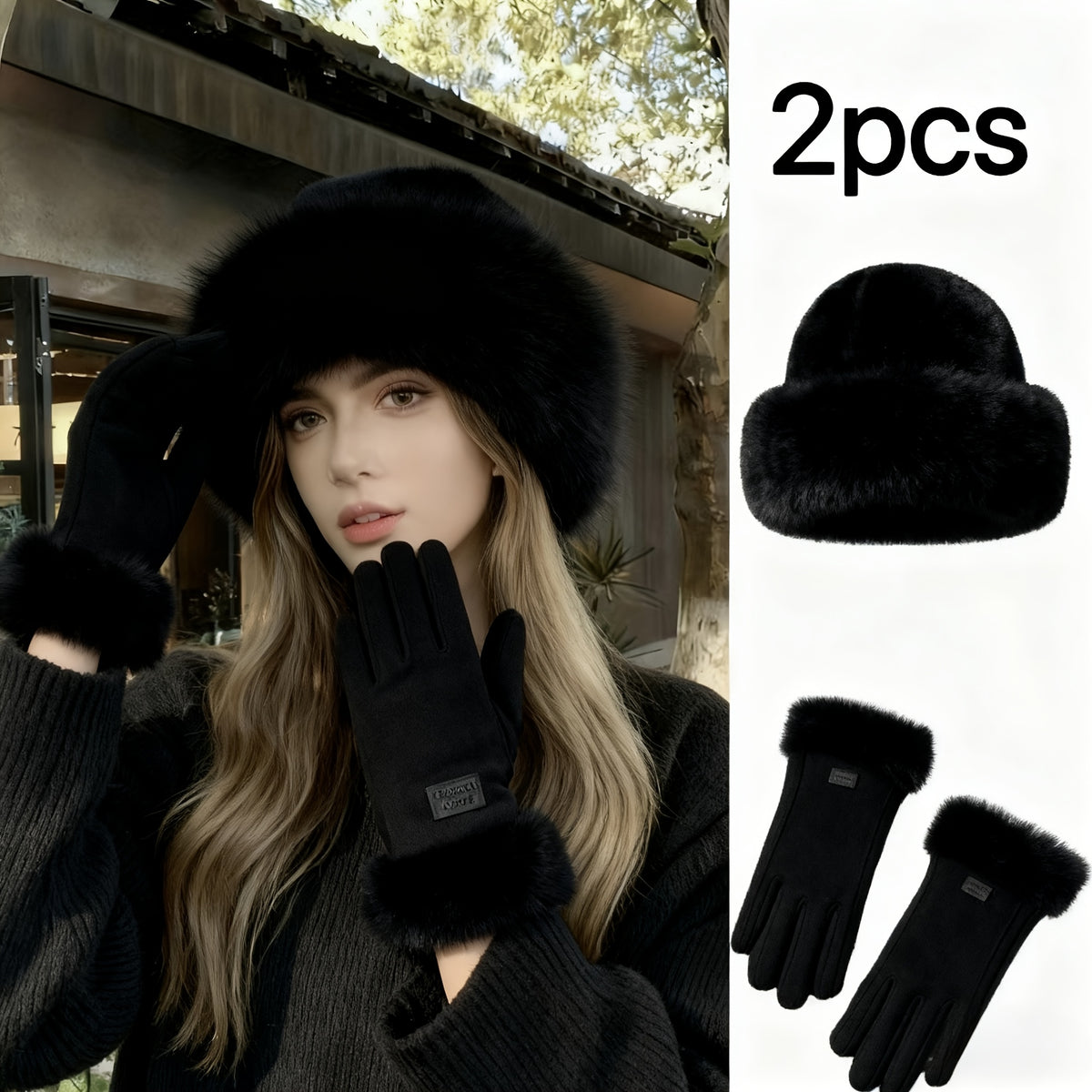 Women's Autumn/Winter Thermal Gloves and Plush Bucket Hat Set