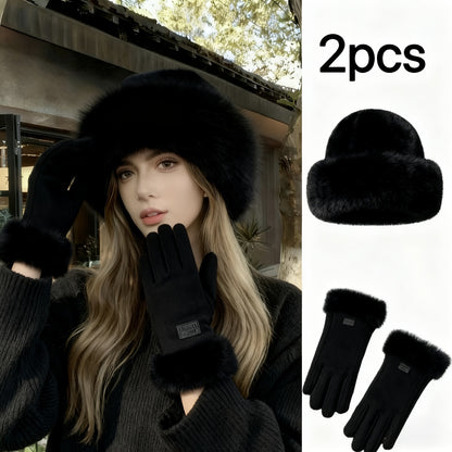 Women's Autumn/Winter Thermal Gloves and Plush Bucket Hat Set