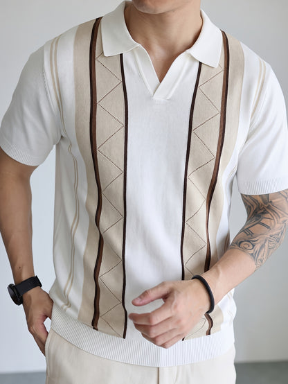 Men's Breathable Knit Short Sleeve Shirt with Stripe Color Block