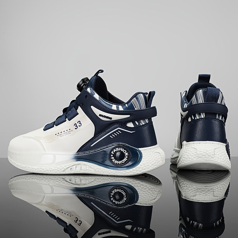 [Athletic Performance] Men's Breathable Casual Sneakers - Stylish Loafers with Rotating Buckle, Navy Blue  White Design, Comfortable PU Upper  PVC Sole for Casual Attire, Running, and Outdoor Activities