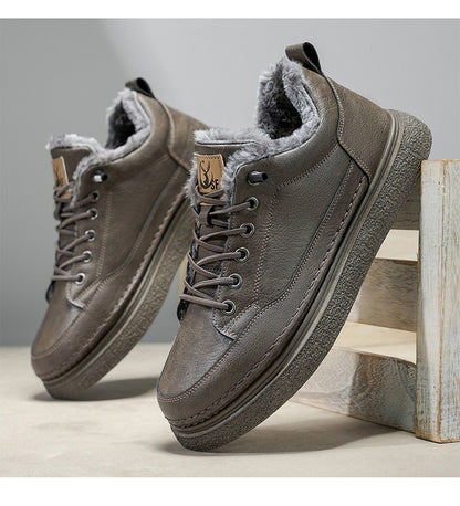 Men's Winter Warm PU -Like Hiking Sneakers with Plush -Like, EVA Cushioned Sole & Rubber Traction Tread - Low-Top Lace-Up Outdoor Shoes for Ice, Snow, Casual Wear (Black/Brown) - Cold Weather