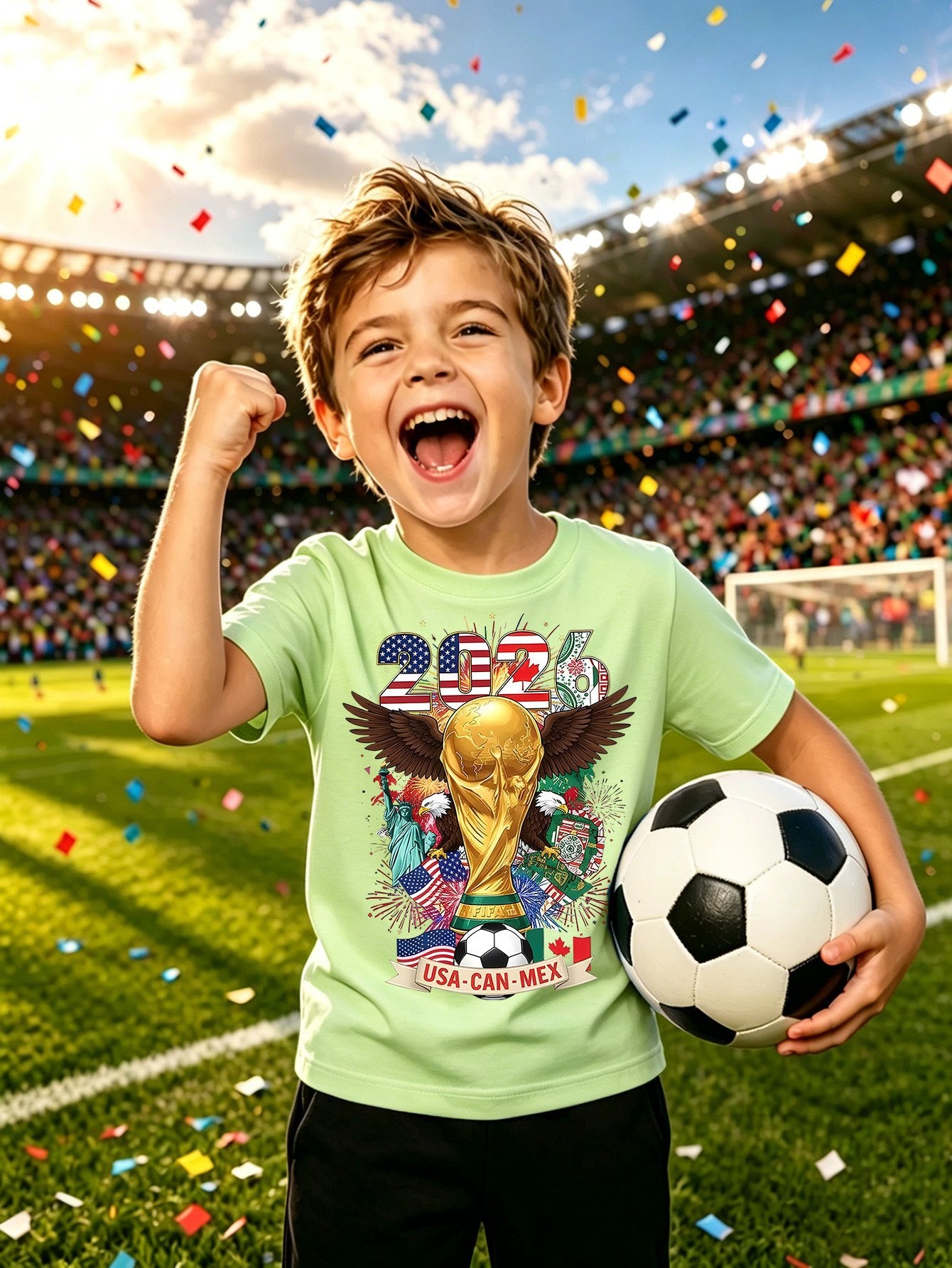 Kids 2026 World Cup Eagle Print Cotton T-Shirt, Breathable Casual