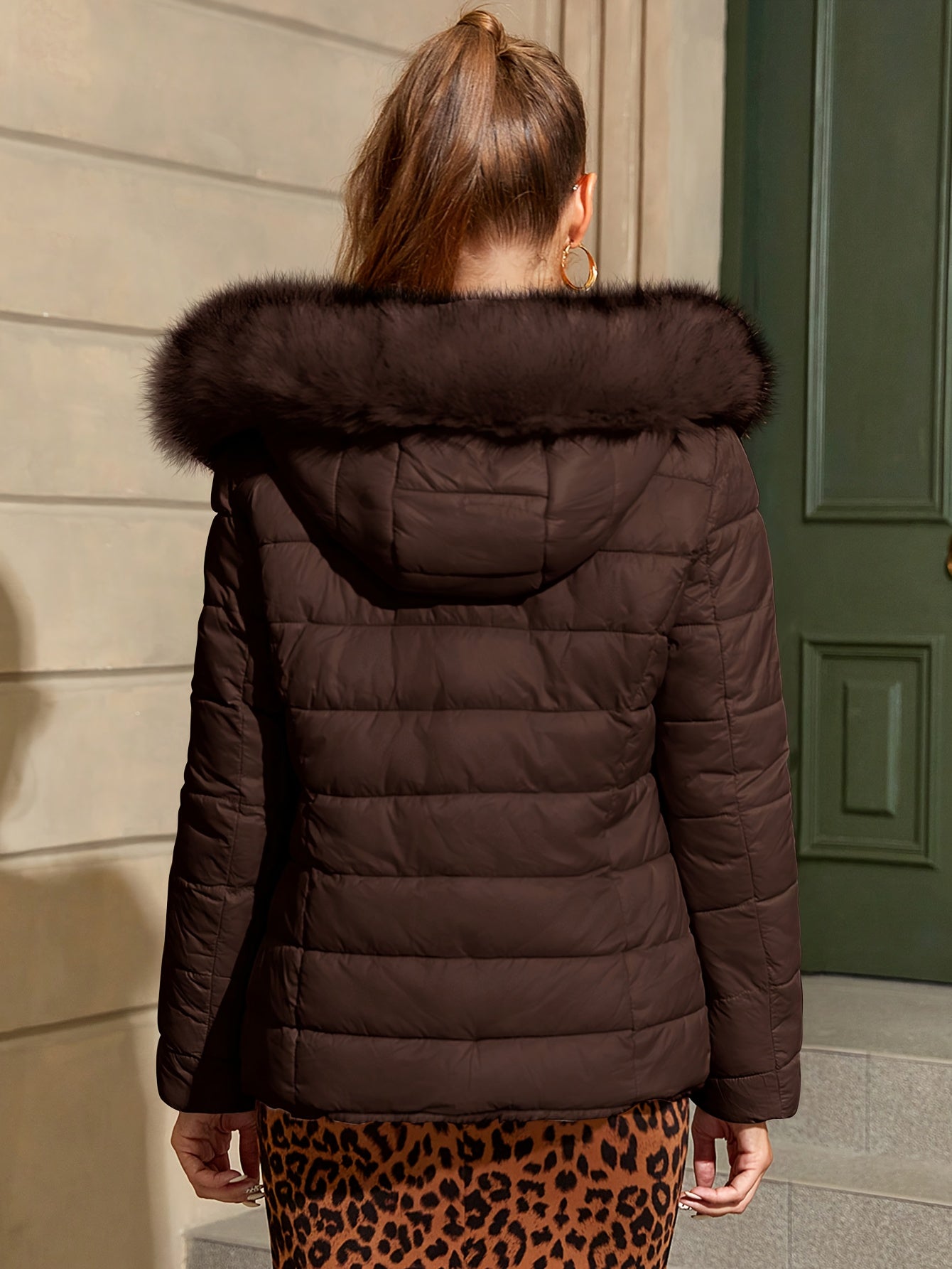 Women'S Heavyweight Winter Coat - Dual-Sided Reversible Jacket with Full-Zip Front, Hooded Collar, Two-Way Zipper Closure - Warm Outerwear for Cold Weather, Office, Travel - Elegant Brown Coat (Size & Wash Label in Pocket), L