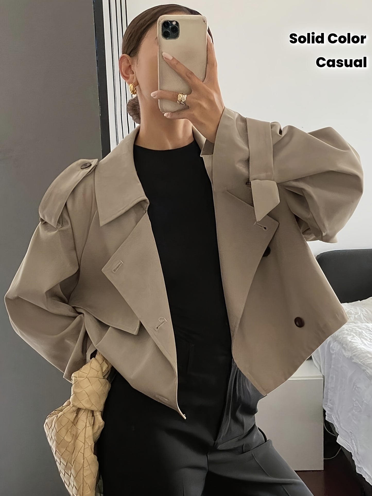 Women's Spring/Autumn Solid Color Simple Loose Casual Short Long Sleeve Trench Coat