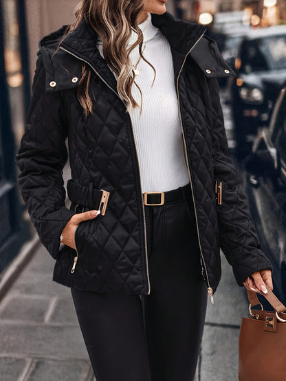 Women'S Winter Jacket - Waist-Cinching Coat with Adjustable Belt, Long Sleeve Cold Weather Outerwear, Elegant Black Outerwear for Everyday & Formal Events, Non-Bulky Warmth, Formal Event Attire, Quilted Design, Durable Fabric